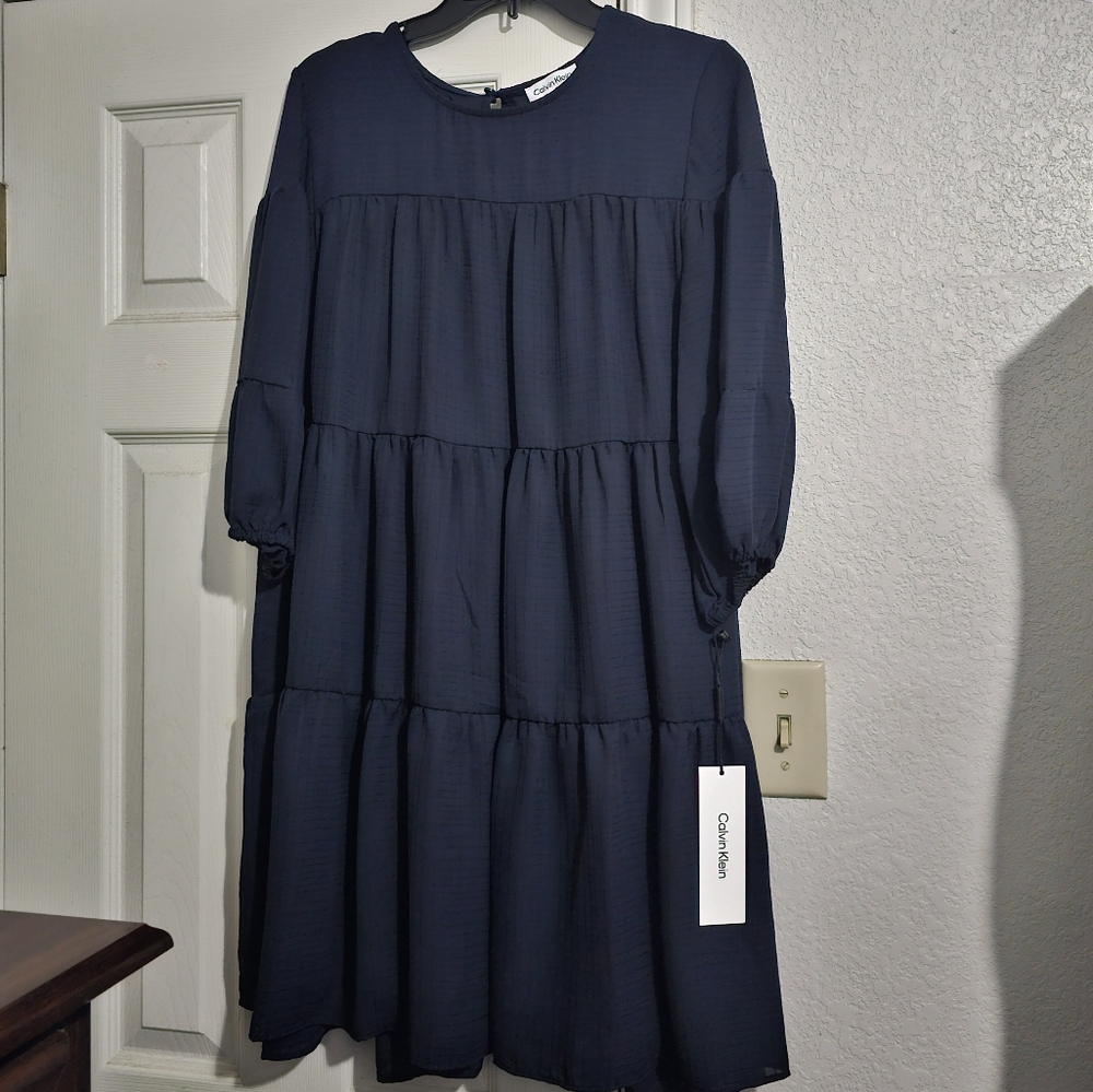 ❣️NEW❣️ Calvin Klein 3/4 Sleeve Indigo Tiered Chiffon Shift Dress | Size: 10